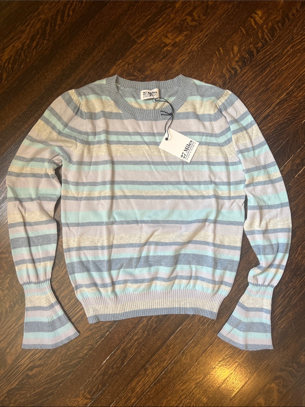 27 Miles Malibu Pastel Striped Crewneck Sweater - Light Blue, Pale Gray & Cream